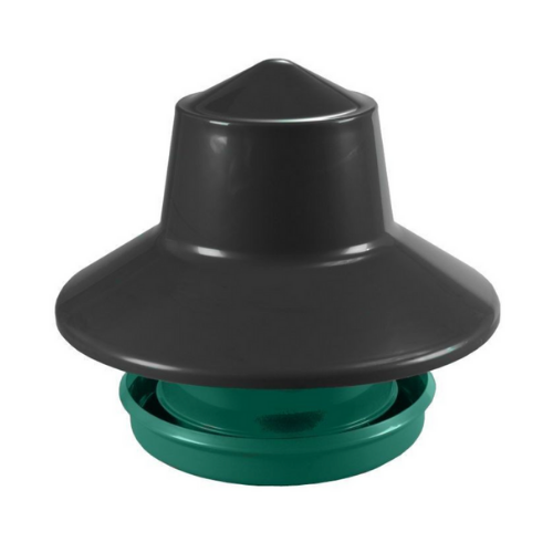 King Outdoor Feeder 25kg. Complete with 'top hat' design to keep away the rain from the feed. Robust standing feeder in green/black. Holds full 25kg sack of poultry feed. 